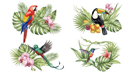 Naklejka premium Vibrant tropical birds and lush foliage create a beautiful jungle scene