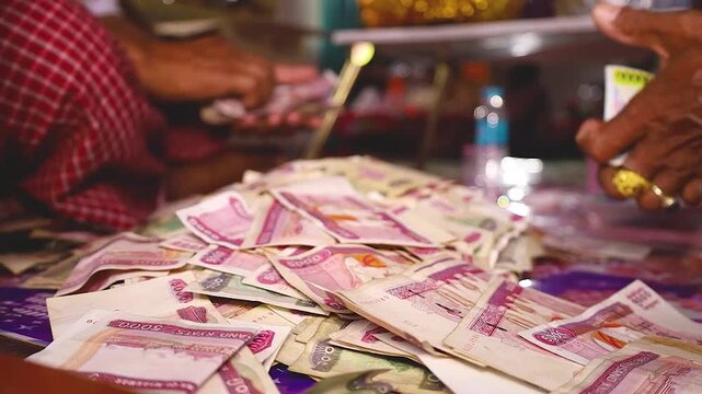 Close-up of hands counting a large pile of Myanmar Kyat banknotes. 5000 kyat and 1000 kyat.