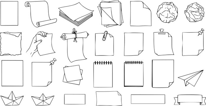 Hand-drawn collection of blank paper elements and office stationery icons. Includes sheets, scrolls, notes, crumpled paper, notepads, airplanes, and banners in outline art style.