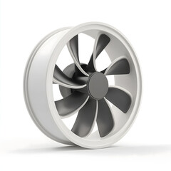 Fototapeta premium A white industrial ventilation fan with dark gray blades is prominently displayed on a clean white background, showcasing its design and purpose for air movement