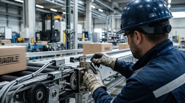 Professional technician adjusting conveyor machinery in a modern factory. White industrial worker wearing hard hat and gloves maintaining automated packaging line in manufacturing plant