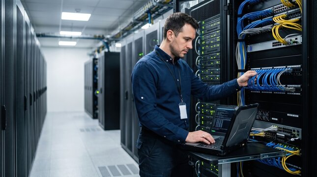 Professional technician configuring network cables in a modern data center. Information technology specialist managing server racks and laptop diagnostics in a secure server room