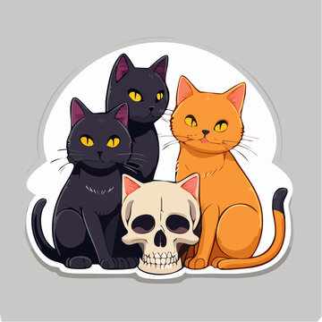 Cute cartoon cats with a skull