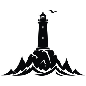  Lighthouse silhouette on a rocky cliff with ocean waves and birds