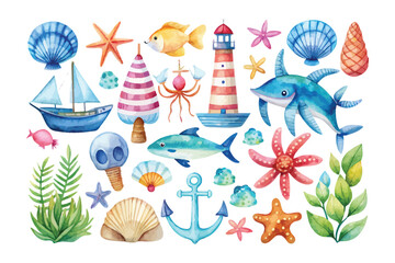 Naklejka premium Watercolor Ocean Theme Icon Set, Marine Summer Clipart Collection, vector illustration Isolated on White background
