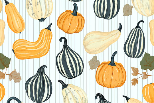 pumpkins with leaves in warm autumn colors on vertical striped background seamless pattern ideal for fall textiles packaging wallpaper wrapping paper and seasonal decor