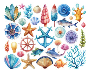 Fototapeta premium Watercolor Ocean Theme Icon Set, Marine Summer Clipart Collection, Isolated on White background