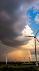 Naklejka premium Wind turbines with rainbow.