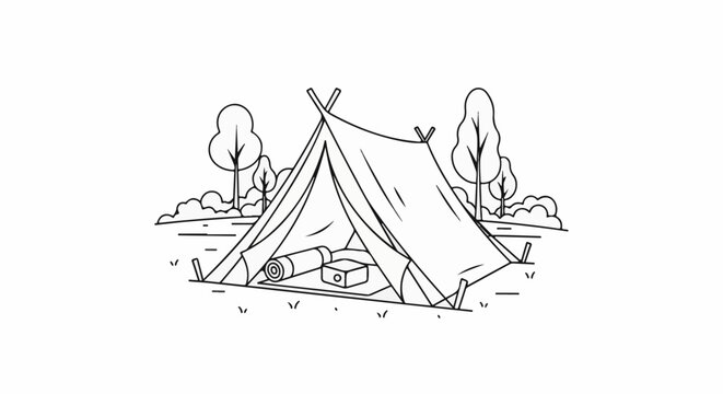 A minimalist black and white illustration of a tent set up in a grassy area with trees