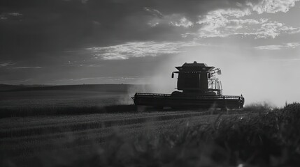 Naklejka premium Monochrome scene of a combine harvester collecting crops in a field at sunset, surrounded by swirling dust under dramatic clouds, symbolizing hard work and agricultural productivity