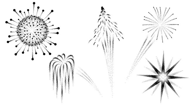 Collection of abstract dot art fireworks and explosions on a white background