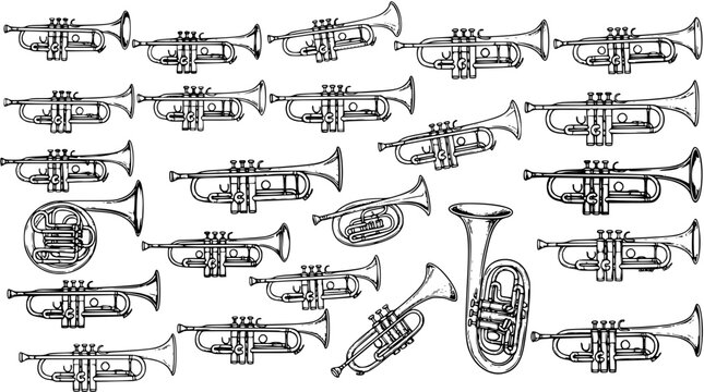 Hand-drawn seamless pattern of various brass musical instruments including trumpets, French horn, cornet, and tuba on a white background, perfect for music-themed designs.