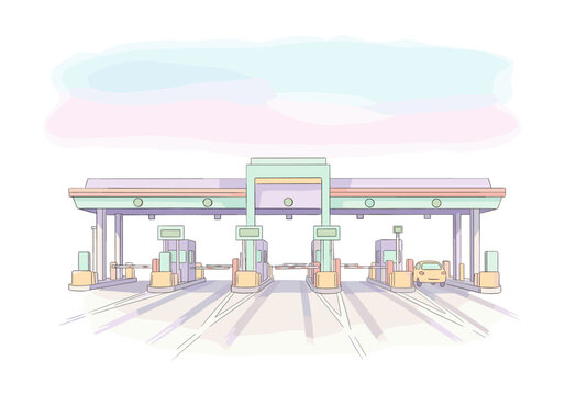 Cartoon toll booth plaza with a car passing through on a sunny day