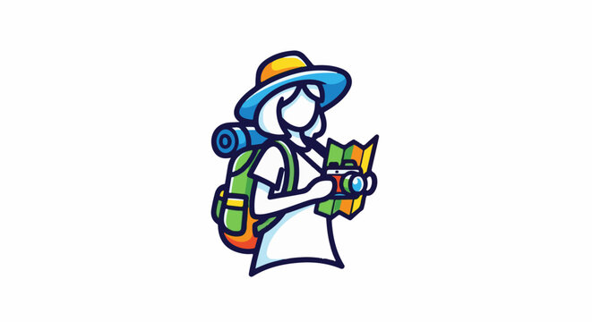 Stylized cartoon traveler with backpack, hat, camera, and map