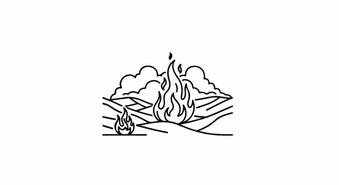 Line art depicts a landscape with two fires, clouds, and rolling hills under a white background