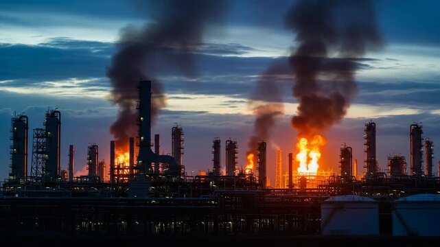 Industrial Refinery at Night with Burning Gas Flare