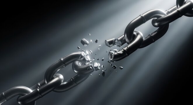 A silver chain with a broken link on a dark background with light shining through