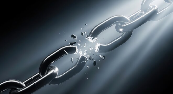 A silver chain with a broken link on a dark background with light rays shining through