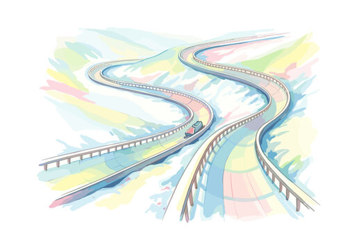 A bobsled races down a winding icy track with a colorful, abstract winter landscape
