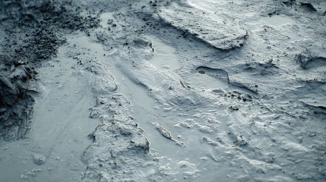 Muddy, wet soil and puddles reflect rough, textured groundclose up of slippery, messy terrain hinting at outdoor weathered conditions and a challenging, muddy path