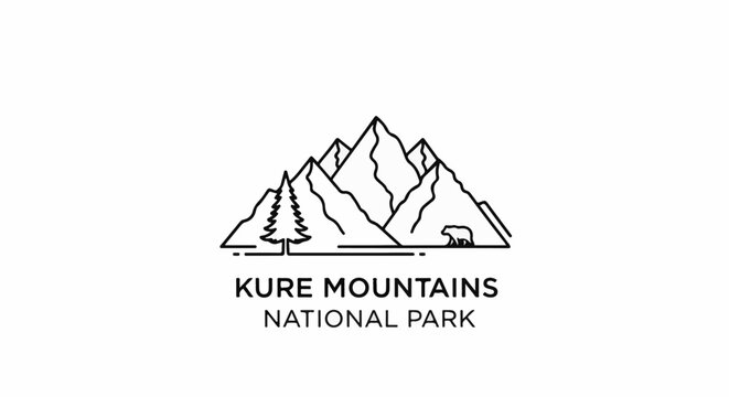 A minimalist line art logo features jagged mountains, a pine tree, and a bear