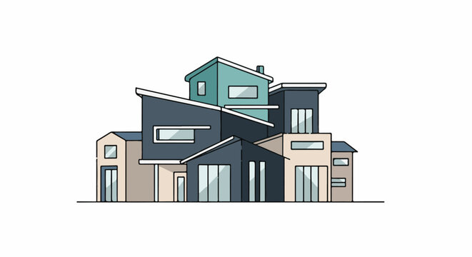 Cluster of modern, multi-level houses with diverse rooflines