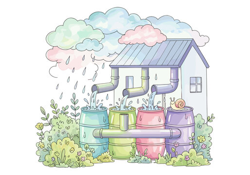 Collecting rainwater in colorful barrels from a house roof during a gentle shower
