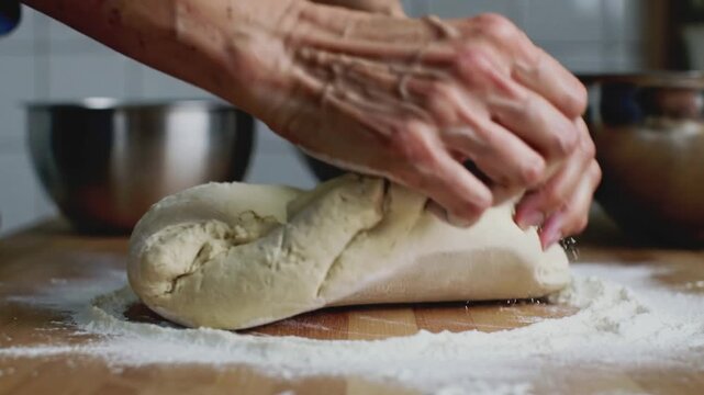 Masterful hands rhythmically work a soft dough, a beautiful creation taking shape on a flour-dusted wooden counter