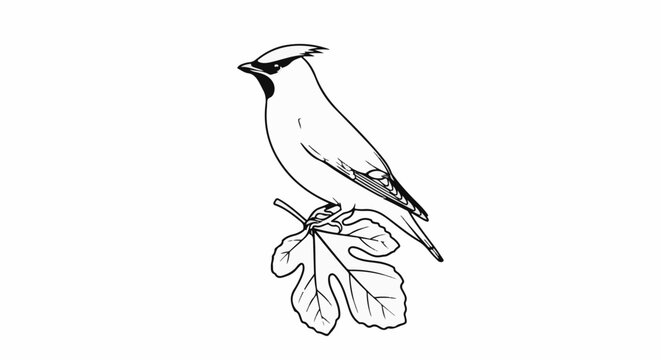 Black and white sketch of a bird with a crest perched on a leaf