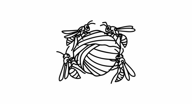 A black and white line drawing shows four wasps surrounding a layered, circular nest