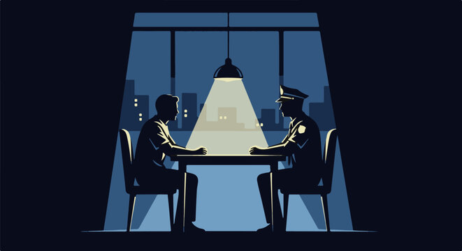 Silhouetted police officer interrogates civilian in dimly lit room