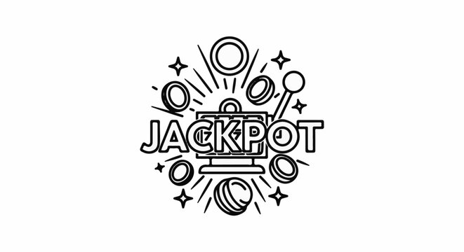 Black and white outline of a slot machine with "JACKPOT" text and flying coins
