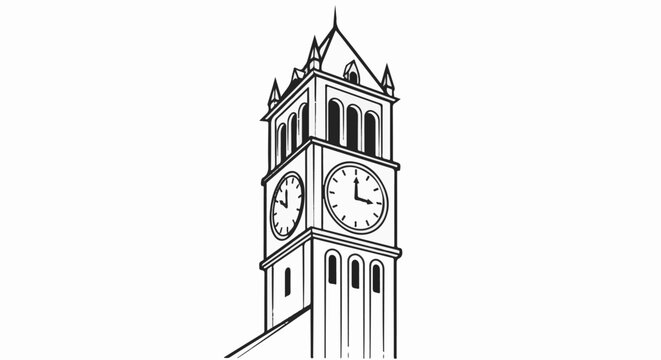 A stark black and white drawing of a tall clock tower with visible clock faces and spires
