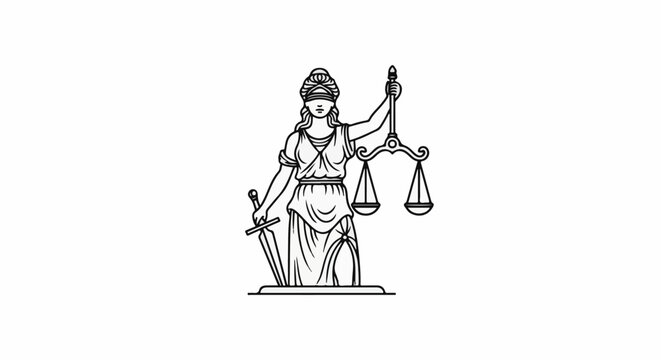 Line art of Lady Justice holding scales and sword