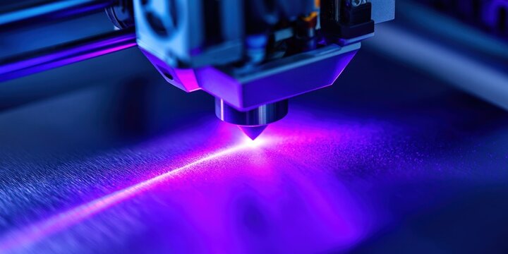 Close-up of a futuristic robotic print head emitting a focused glowing ultraviolet beam