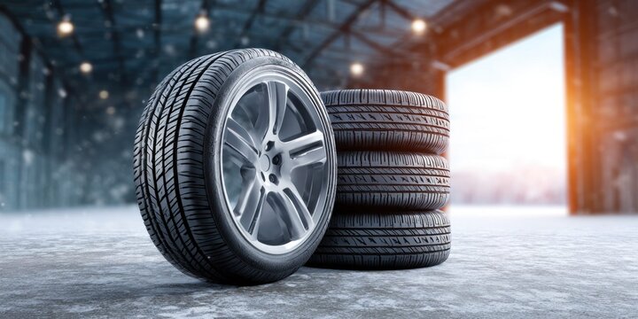 A single complete wheel with a mounted winter tire leaning, stacked tires in background