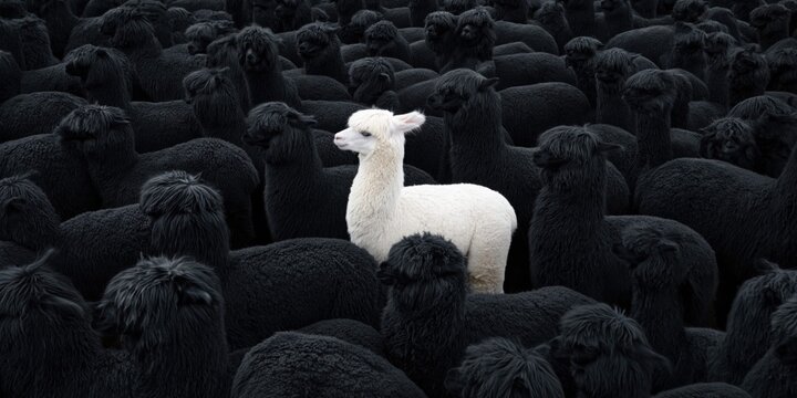 A single white alpaca stands out amongst a large herd of black alpacas