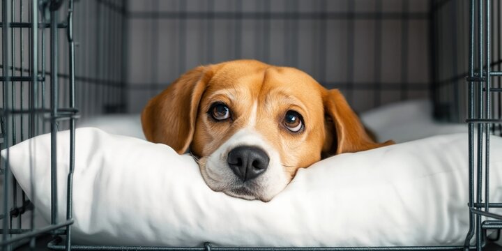 Sad beagle dog resting its head on a white pillow inside a cage