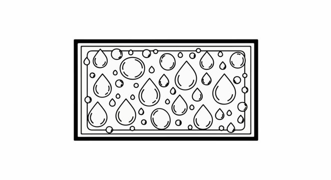 Line art illustration of falling water droplets and circles within a bordered rectangle