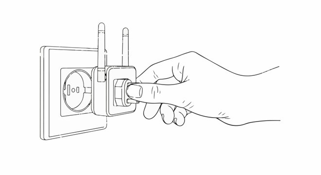 Hand plugging a square electrical device with antennas into a wall socket