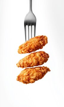 Crispy fried chicken tenders impaled on a fork against a clean white background