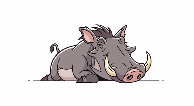 A cartoon warthog rests its head on a flat surface, looking tired