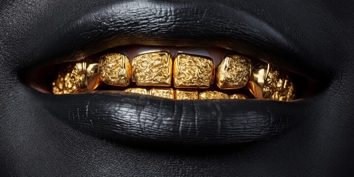 Close-up macro photograph of a smiling mouth with black lipstick and gold grillz