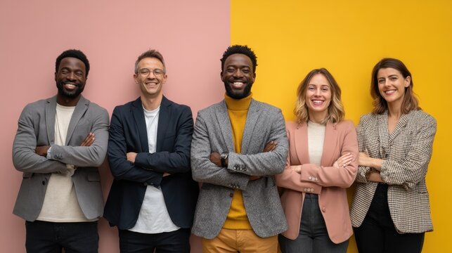 Diverse Business Team: A group of five professionals, exhibiting a range of diversity, stand confidently with arms crossed against a vibrant pink and yellow backdrop.