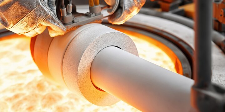 Industrial process with alumina ceramic tube being handled by gloved hands