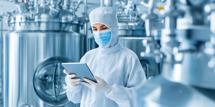 Pharmaceutical technician in sterile suit uses tablet in cleanroom with large tanks