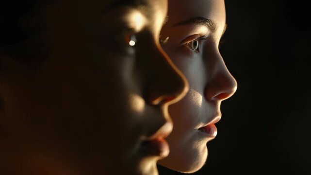 An artistic of two women's faces with a moody lighting effect.