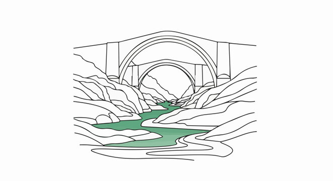 A stone bridge spans a winding river canyon with green water