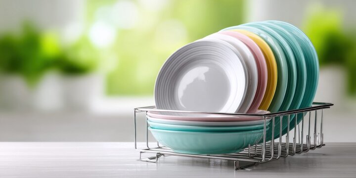 Colorful stack of clean plates and bowls drying in a rack with a soft green bokeh background