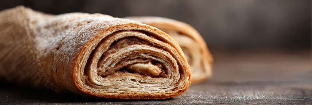Fresh cinnamon roll sliced open revealing soft, flaky layers and sweet cinnamon filling, rustic wooden background, cozy and inviting bakery atmosphere
